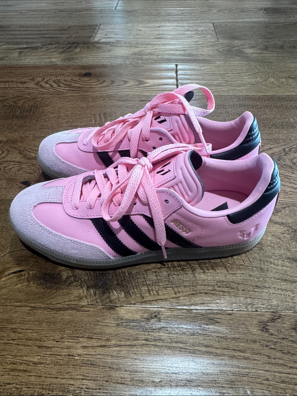 NWOT Adidas Messi Pink Samba OG Sneakers with Black Stripes Sz 6